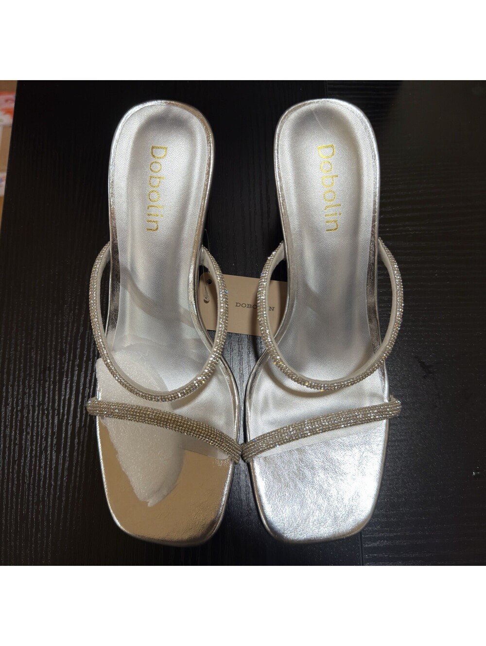 Dobolin Women's Silver Rhinestone Heeled Slide Sandals Size 9 Open Toe Mule - Picture 10 of 14